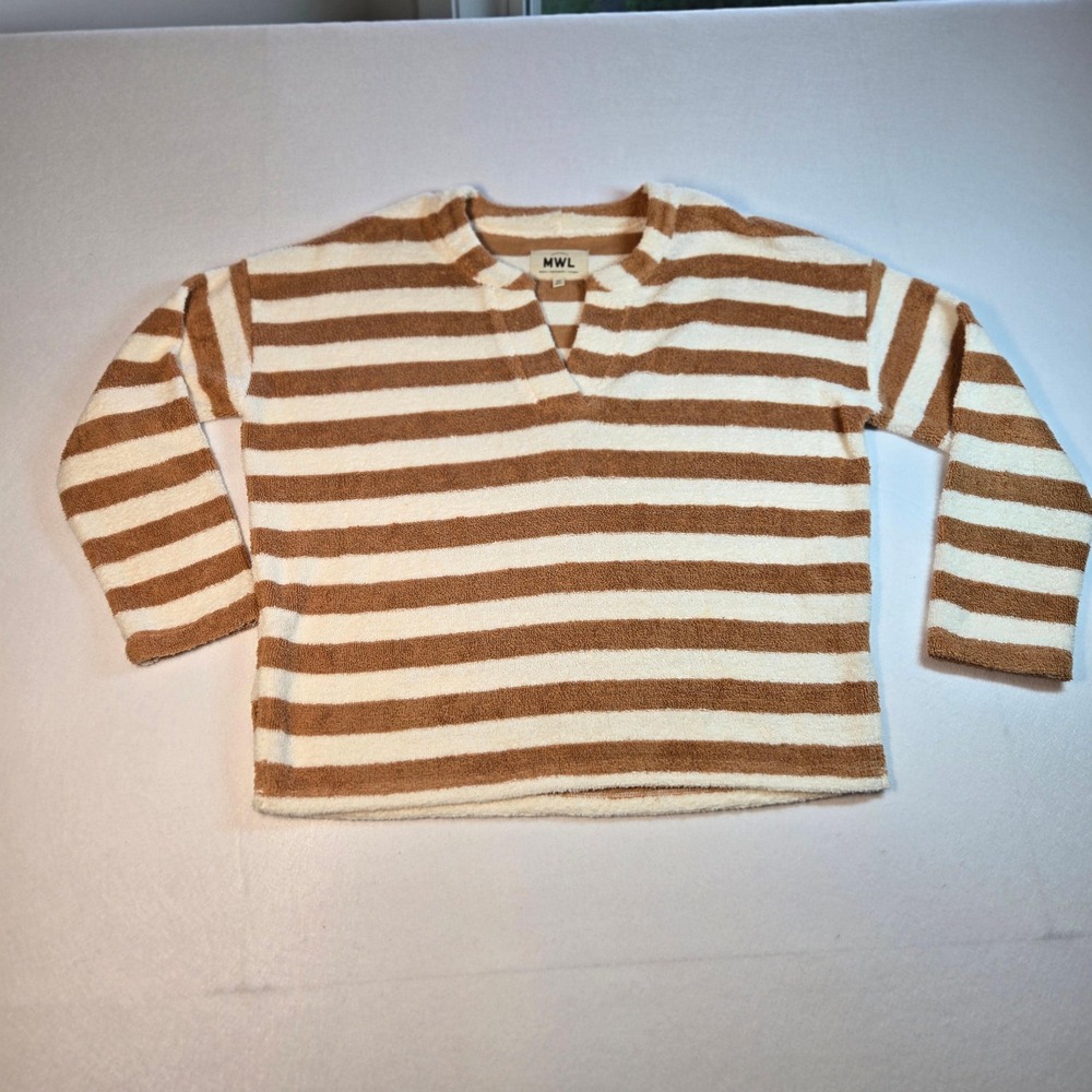Madewell MWL Sweatshirt Womens XS Brown Striped Excellent Terry Split Neck Top